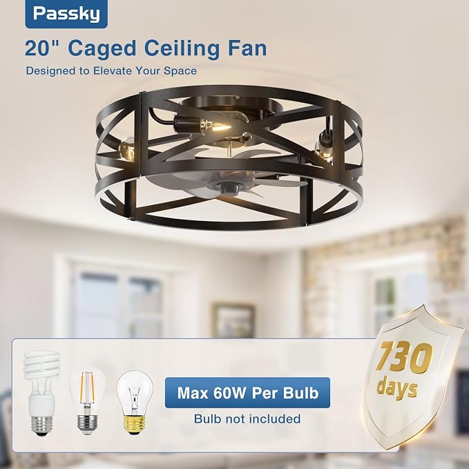 Passky 20" Caged Ceiling Fans with Lights and Remote, Low Profile Fandelier | Reversible DC Motor, 1/2/4H Timer, 6 Speeds, Farmhouse Style, Quiet Operation, for Bedroom, Kitchen, Dining Room, Living Room