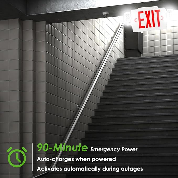 Gruenlich Exit Sign with Emergency Light, Double Face, Battery Backup | Hardwired LED Combo Exit Light for Bussiness, Two Bright and Adjustable Heads, Red, UL 924 and CEC, 120-277 Voltage, 6 Pack