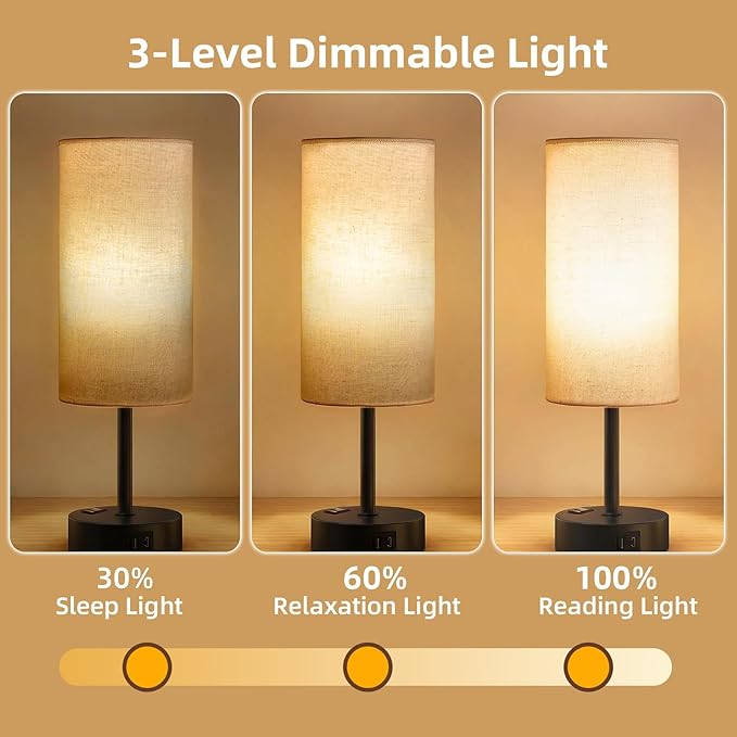 Table Lamp for Nightstand, High-Sensitivity Touch, 3-Level Dimmable Bedside Lamp with AC Outlet | USB | and USB-C, Ideal Night Stand Lamp for Bedroom (2, Beige&Black)