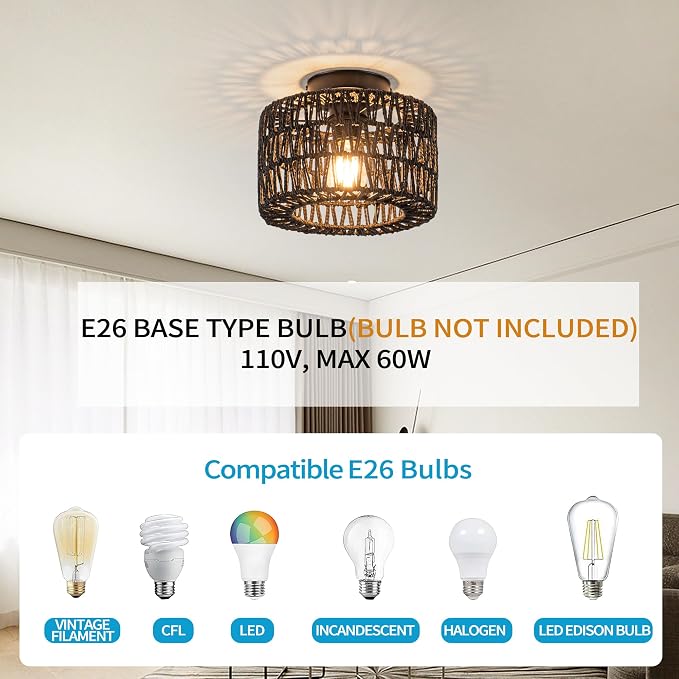 Rattan Ceiling Light, Black Flush Mount Ceiling Light, Boho Light Fixture for Bedroom Kitchen Hallway Entryway, 1 Light