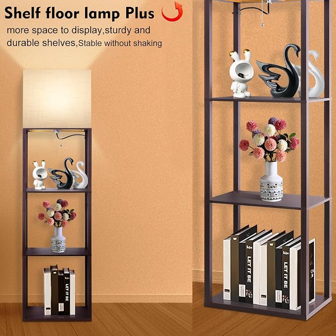 Plus - Floor Lamp with Shelves, Wide Shelf Lamp, Shelf Floor Lamp with 15W LED Bulb, 3 Colors Temperature, Memory Function, Large Display Storage, Standing Lamps for Living Room, Bedroom, Wood