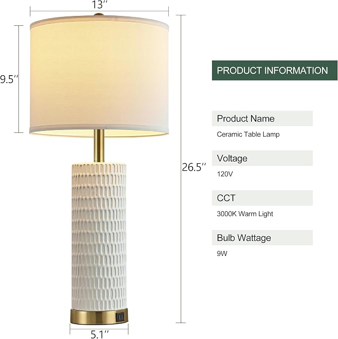 Reaketon 26.5" Ceramic Table Lamps Set of 2, 3 Way Dimmable Touch Control Table Lamps for Living Room, Modern Lamps for Nightstand, Gold