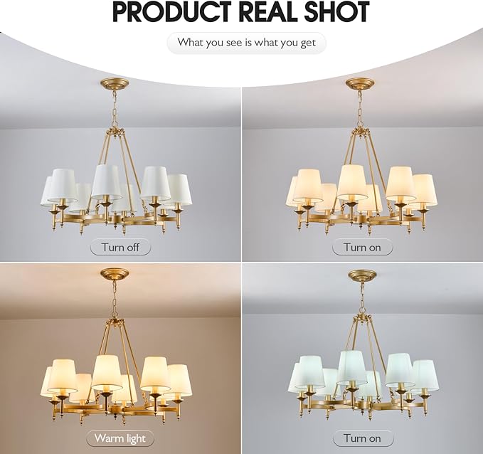 29.9inch 8-Light Gold Chandelier with White Linen Fabric Shade Large Farmhouse Ceiling Light Fixture Industrial Adjustable Hanging Pendant Light for Dining Room Living Room Kitchen Bedroom