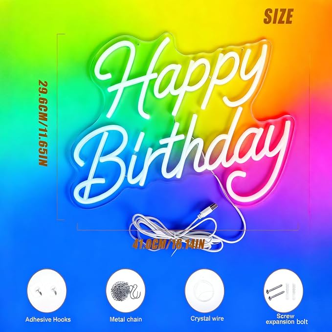 Happy Birthday Neon Sign for Wall Decor, LED Happy Birthday Light Up Sign | Dimmable Happy Birthday Sign for Birthday Party Backdrop, Any Ages Bday Party Decoration, 16.14"x11.65", USB Powered, Hanging
