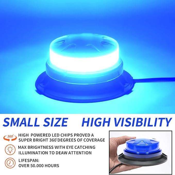 Blue Led Emergency Strobe Beacon Lights for Car Vehicles 12V 24V 24-LEDs | Magnetic Mount, 8 Flash Model, Warning Safety Flashing, Rooftop Signal Lamp for Forklife Construction Truck Tractor Golf SUV