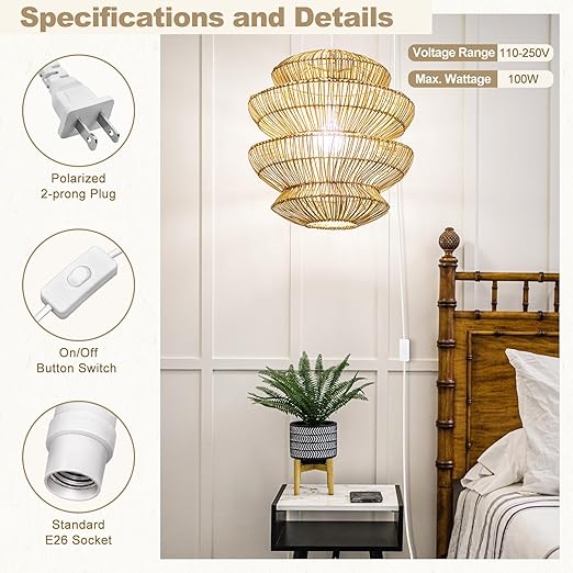 DiCUNO Hanging Lantern Extension Cord Cable, E26 Pendant Light Socket On Off Inline Cord Switch Control Lamp, Switch Close to Polarized Plug, 6.6 Feet (2M), White, 2-Pack
