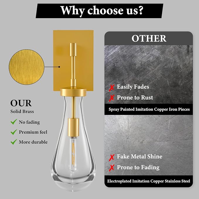 Raindrop Brass Crystal Wall Sconce: Luxury Modern Gold Bathroom Lighting | Clear Solid Indoor Sconces with Bulbs, Dimmable Vanity Lamp, Light Fixtures for Bedroom Living Room Hallway Bedside