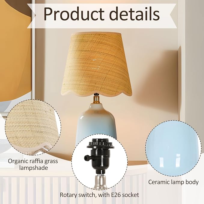 Set of 2 19" Modern Ceramic Table Lamp for Living Room Light Bule Base Desk Lamps for Bedroom Farmhouse Bedside Nightstand Lamp End Table Lamps,Bule,Rattan Shade