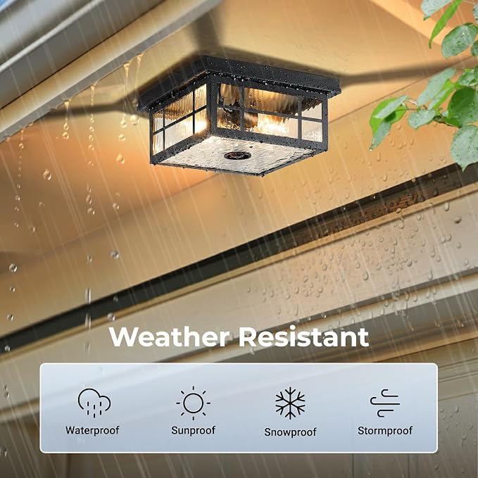 VIANIS Motion Sensor Exterior Ceiling Lighting Fixtures for Porch with Remote, 11'' Square Black Modern Outdoor Flush Mount Ceiling Light for House, 5 Modes Adjustable Distance Time Water Ripple Glass
