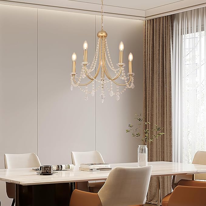 5-Light Farmhouse Chandelier with Crystal Accents, Gold Candle-Style Adjustable Pendant Light for Dining Table, Bedroom, Entryway, Living Room, Kitchen Island, Rustic Modern Ceiling Fixture