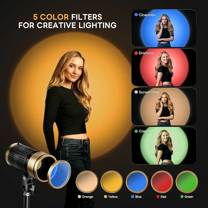 NiceVeedi 20W 5-Color Spotlight for Photography with 87” Tripod, 2800K-6500K Zoomable Photography Lighting with Remote & Cooling System, Hair Spotlight for Streaming, Video, Content Creators