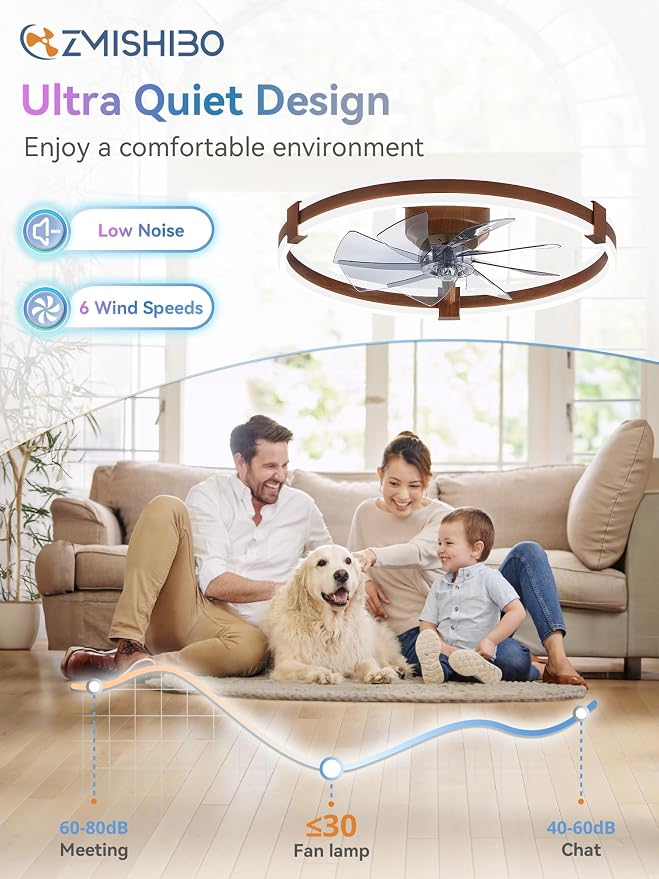 ZMISHIBO 23" RGB Low Profile Ceiling Fans with Lights and Remote, Walnut | Custom RGB+3CCT Dimmable, 6 Speeds, Remote/App Control, Reversible DC Motor, Memory, Timer, Modern Fandelier for Kids/Bedroom