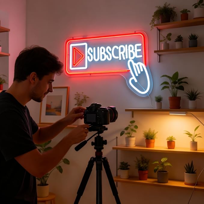 Subscribe Neon Sign, Stylish Play Button & Cursor Wall Light | 30x43cm, Red & White LED, Easy Hanging Kit Included, For Streamers/Gamers, Content Creator Rooms/Home Office Decor