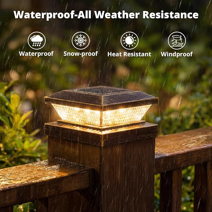 4x4 Solar Post Cap Lights Outdoor 4 Pack, Waterproof Solar Fence Light for Wooden/Vinyl Post, 2 Color Outside Deck Patio Porch Decor, Brown