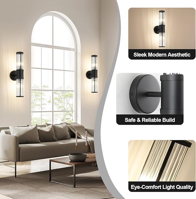 Wall Sconces Set of 2, Farmhouse Vanity Lights Fixtures for Bathroom, 2-Light Modern Bath Wall Mount Lamp with Glass Rods Shade for Hallway, Living Room, Mirror, Kitchen