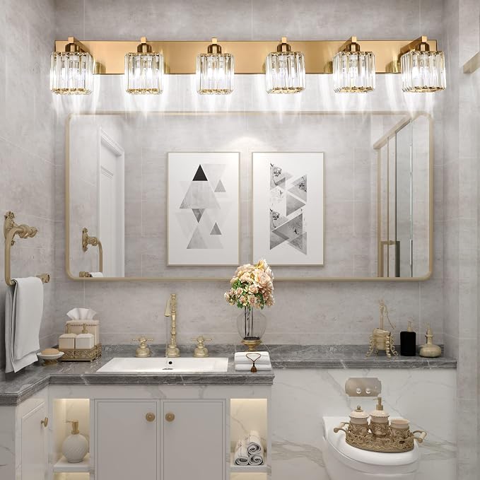 Aipsun Bathroom Vanity Light Brass Crystal Vanity Lighting Fixtures 6 Light Modern Bathroom Lighting Fixtures (Exclude Bulb)