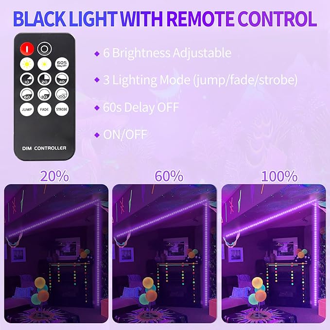 66 Foot Black Light Strip & Remote, 1200LEDs, Dimmable 12V Flexible Black Lights for Glow Party, Bedroom, Halloween, Fluorescent Tapestry Poster, 3 Lighting Modes, Non-Waterproof