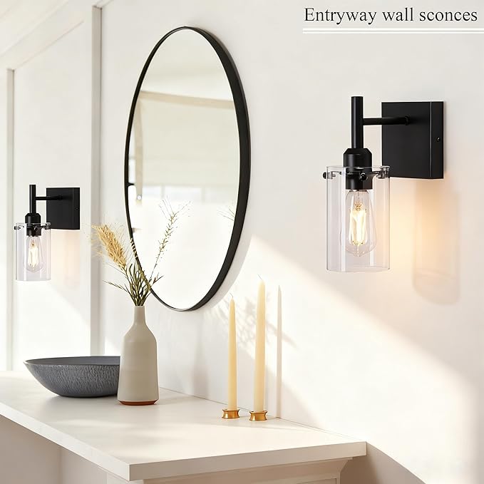 Modern Farmhouse Black Wall Sconce,1-Light Bathroom Wall Mount Vanity Light with Clear Glass Shade,Indoor Metal Wall Lamp for Living Room Bedroom Kitchen Hallway Mirror Decor