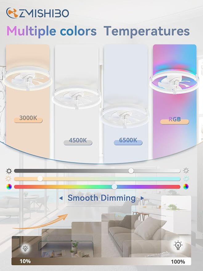 ZMISHIBO 20" RGB Low Profile Ceiling Fans with Lights and Remote, White | Custom RGB+3CCT Dimmable, 6 Speeds, Remote/App Control, Reversible DC Motor, Memory, Timer, Modern Fandelier for Kids/Bedroom