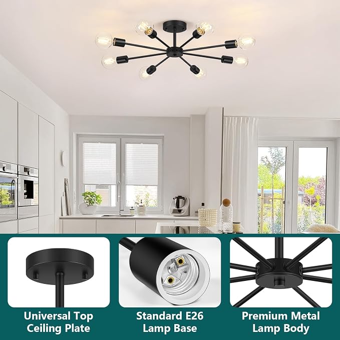 Lomoky 8-Lights Semi Flush Mount Ceiling Light, Matte Black Hallway Ceiling Lighting with E26 Base, Modern Sputnik Light Fixtures for Kitchen Dining Room Bedroom Living Room