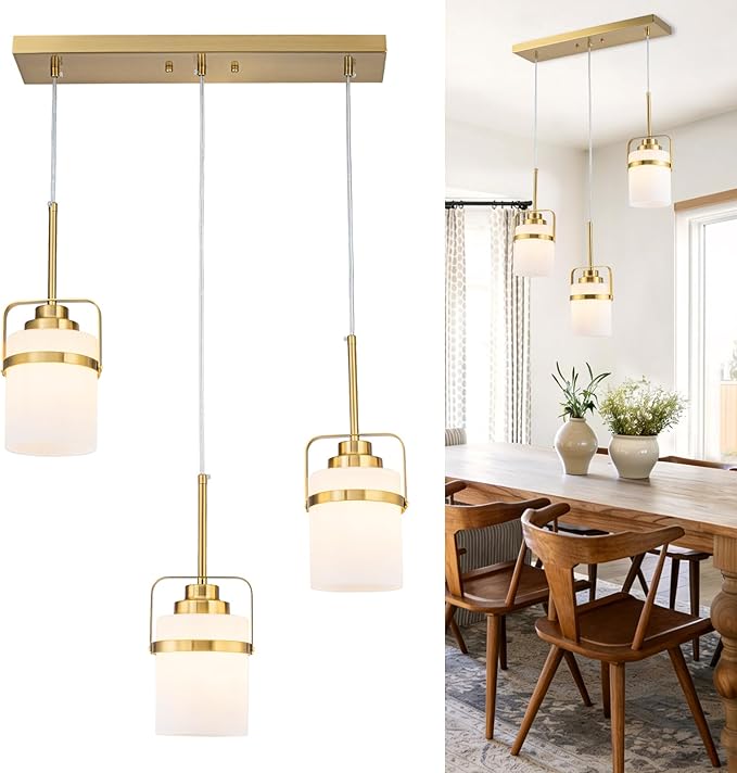Brass 3-Light Pendant Lighting, Adjustable Hanging Light Fixture with Milk Glass Shade, Modern Pendant Light for Kitchen Island Dining Room Bar Over Sink/Table/Counter