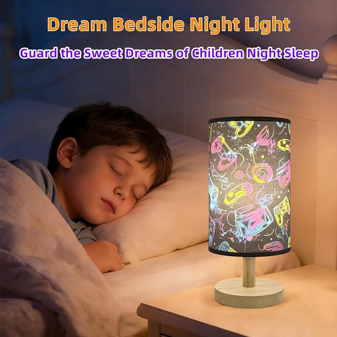 Gaming Table Lamp Video Game Desk Lamp for Bedroom Gaming Room Decor Lamps | 3 Lighting Modes LED Nightstand Night Light,Wood Gaming Themed Bedside Lamp for Boys Girls Teens Game Lovers Birthday Gifts