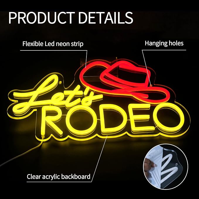 Let's Rodeo Neon Sign for Wall Decor Dimmable Cowboy Hat Led Lights Signs LED Signs for Game Room Cowboys Neon Light Room Decor for Farm Bar Game Room Man Cave Decoration Boys Gift