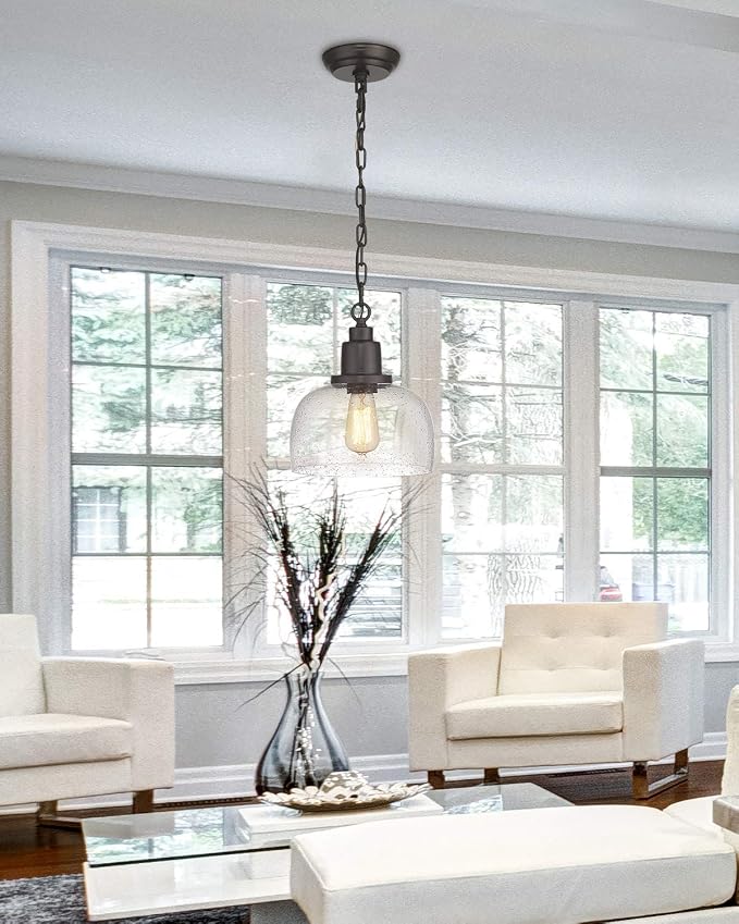 EAPUDUN 1-Pack Farmhouse Pendant Light, 1-Light Industrial Hanging Light Fixture with 9.3" Round Seeded Glass Shade, Dark Bronze Finish, Vintage Ceiling Lighting for Kitchen Island & Dining Room