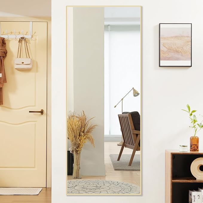 DUMOS Full Length Mirror 21"x 56" for Bedroom, Full Body Mirror with Stand, Hanging or Leaning for Wall, Aluminum Alloy Thin Frame Floor Standing for Living Room, Long, Gold