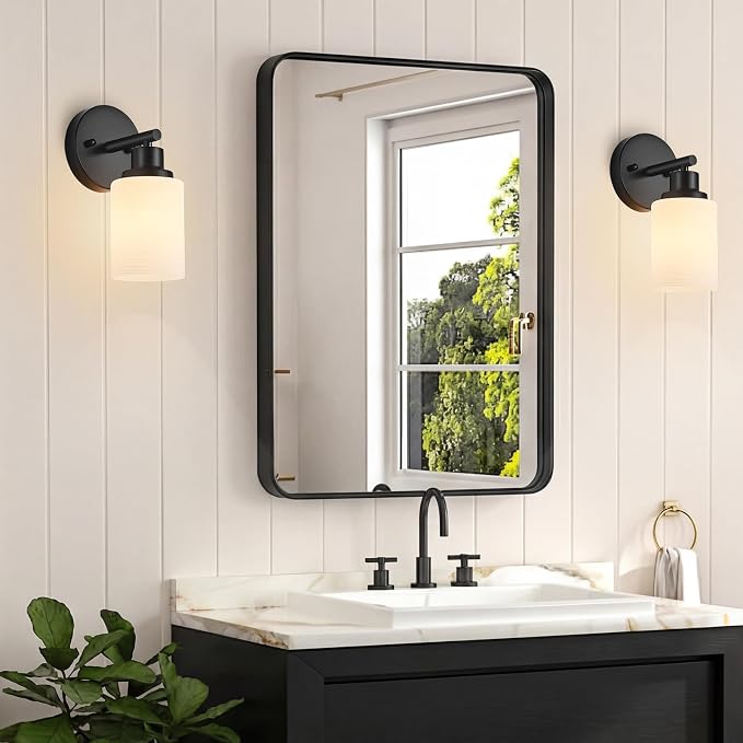 2-Pack, 1-Light Vanity Lights, Matte Black Bathroom Light Fixture with Textured Milky White Glass Shade, E26 Modern Vanity Lighting Fixture for Bathroom Wall Sconce