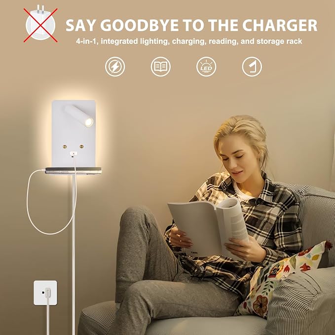 ZEROUNO Touch Dimmable Wall Mounted Reading Light Set of 2, Plug in Bedroom Bedside Lamp Wall Mount Sconce, White Corded Headboard Reading Lamp with USB C+A Charging Ports for Bed Side Room