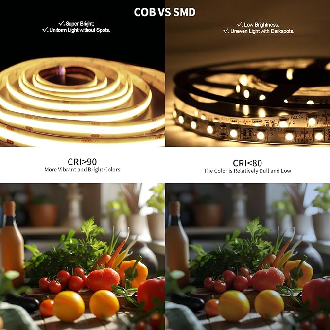 COB LED Strip Light 40ft/12m (1 Roll) Warm White 3000K High Lumen CRI 90+ with UL Listed Power Adapter RF Remote for Bedroom Counter Under Cabinet Kitchen Projects
