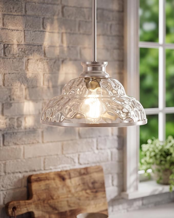 kudos 11" Brushed Nickel Pendant Lights with Hammered Glass,KDPL14-BN-H-2PK | E26 Bulb Base, Hardwired, Farmhouse Styling, Adjustable Hanging Rods for Flat or Sloped Ceilings, for Kitchen Bars