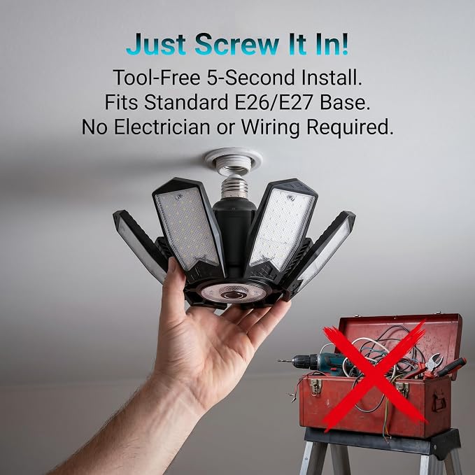 150W LED Garage Lights, 15000LM Super Bright Light Bulb for Garage Ceiling Lights, 6 Deformable Panels LED Shop Lights, E26/E27 Screw in Garage Lighting for Basement Workshop Barn