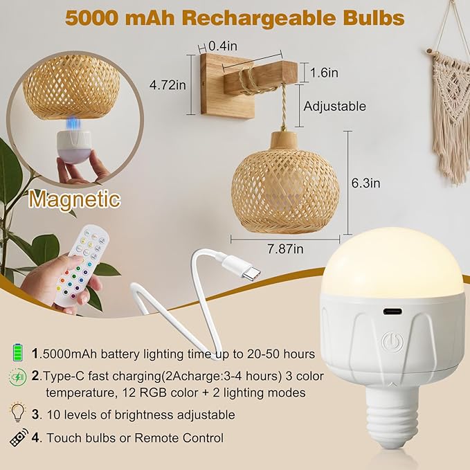 Bamboo Battery Operated Wall Sconces Set of 2, Rechargeable Rattan Cordless Battery Powered Wall Lights/Lamps with Remote, Woven Boho Wireless Decor Lighting Fixture for Living Room Bedroom