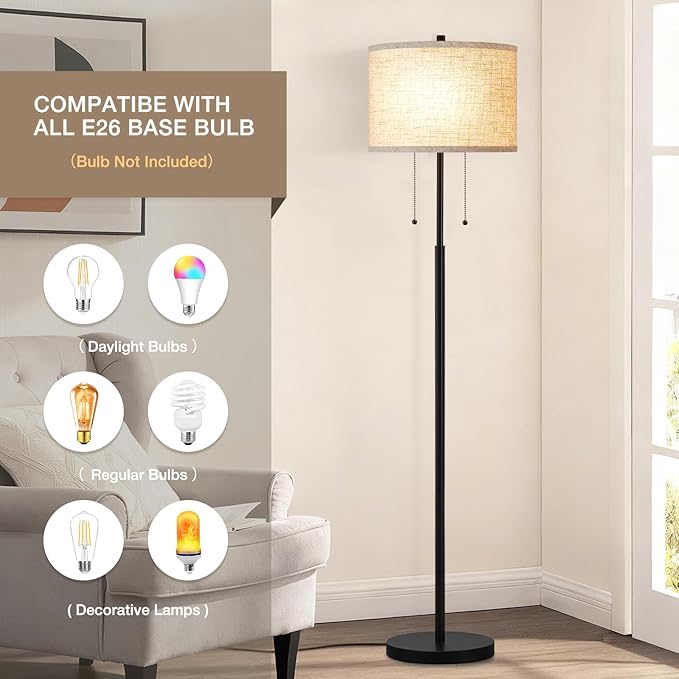 Luvkczc Floor Lamp, 62" Standing Lamp Tall Lamp with Fabric Lampshade&Pull Chain Corner Floor Lamps for Living Room, Bedroom,Office Corner (Black 2 Bulb Socket)
