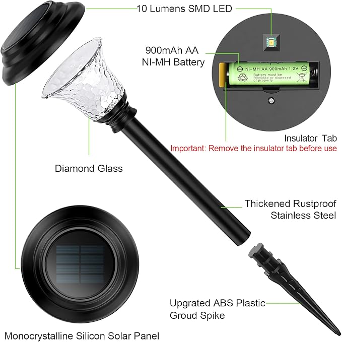 Glass Solar Lights Outdoor waterproof, 8 Pack Super Bright Solar Pathway Lights, Up to 12 Hrs Long Last Auto On/Off Garden Lights Solar Powered, Stainless Steel LED Light For Yard Landscape Warm White
