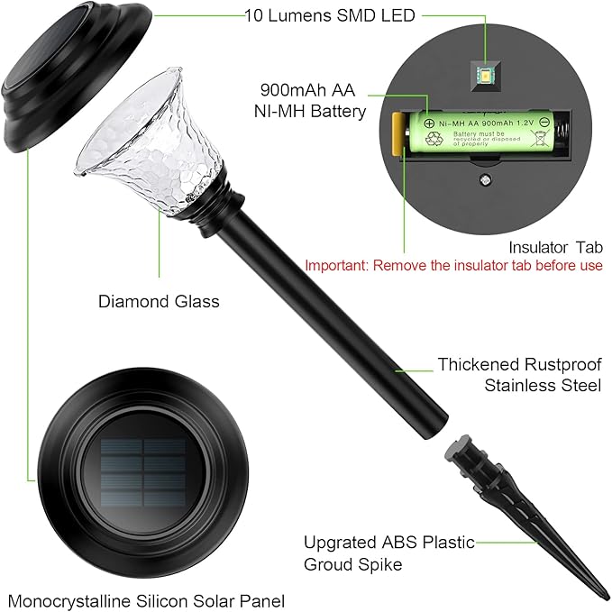 Glass Solar Lights Outdoor waterproof, 4 Pack Super Bright Solar Pathway Lights, Up to 12 Hrs Long Last Auto On/Off Garden Lights Solar Powered, Stainless Steel LED Light For Yard Landscape Cool White