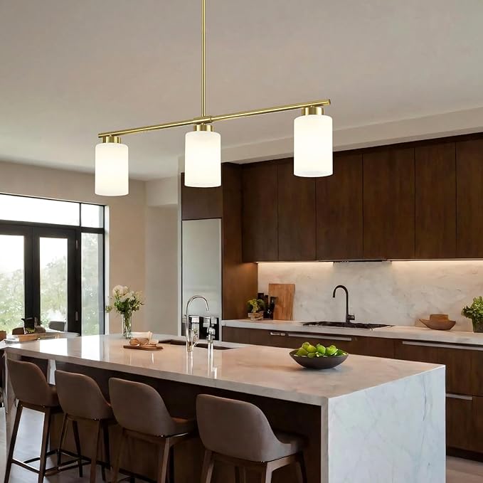 3-Light Gold Kitchen Island Lighting 31" Pendant Light with Milk Glass Shade Adjustable Height Linear Chandelier for Dining Room Modern Farmhouse Light Fixture Over Table, Bar, Living Room, Foyer, E26