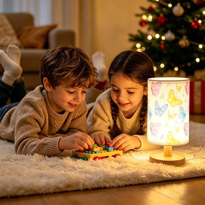 Butterfly Kids Table Lamp for Bedroom Girls Bedside Lamps,Butterfly Birthday Gifts for Girl,3 Colors Dimmable Nightstand Night Light with Cartoon Lampshade Desk Lamp for Girls Boys Room Nursery Decor