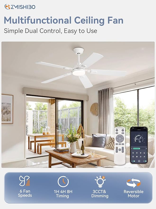 ZMISHIBO 52" Ceiling Fans with Lights and Remote, White Modern for Indoor | 24W 2400LM Bright LED, 3CCT, Dimmable, App Control, Farmhouse Dual Finish Blades, Quiet&Strong Motor for Bedroom, Living Room