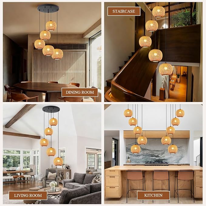 5-Light Staircase Bamboo Light Fixture Basket Weave Pendant Light Shade Boho Large Rattan Chandelier Coastal Wicker Pendant Hanging Lights for Foyer Living Room Farmhouse