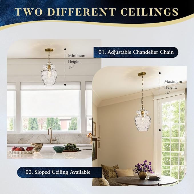 Modern Gold Pendant Lights Hammered Glass Pendant Lighting 9" Single E26 Hanging Ceiling Light for Kitchen Island Dining Room Hallway Bedroom Entryway