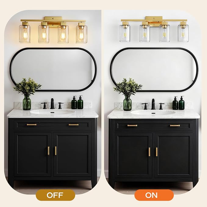 4-Light Bathroom Light Fixtures, Brushed Gold Modern Vanity Lights, Bathroom Lighting Fixtures Over Mirror, Square Design Farmhouse Wall Sconces with Clear Glass Shades