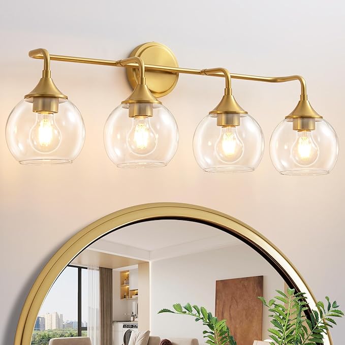 Bathroom Vanity Lights Gold 4 Light Modern Vanity Light 31" | Farmhouse Bathroom Light Fixtures Over Mirror, Thickened Clear Glass Shade, UL E26 Dimmable Vanity Lighting Fixtures