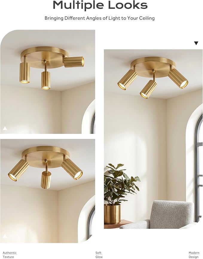 FEMILA Brushed Gold Round Track Lighting Fixtures Ceiling, 3 Light Track Lighting Fixtures with 3000K GU10 Bulbs, Track Lights for Kitchen, Hallway, Living Room, Office, 4FS109F-3 BG