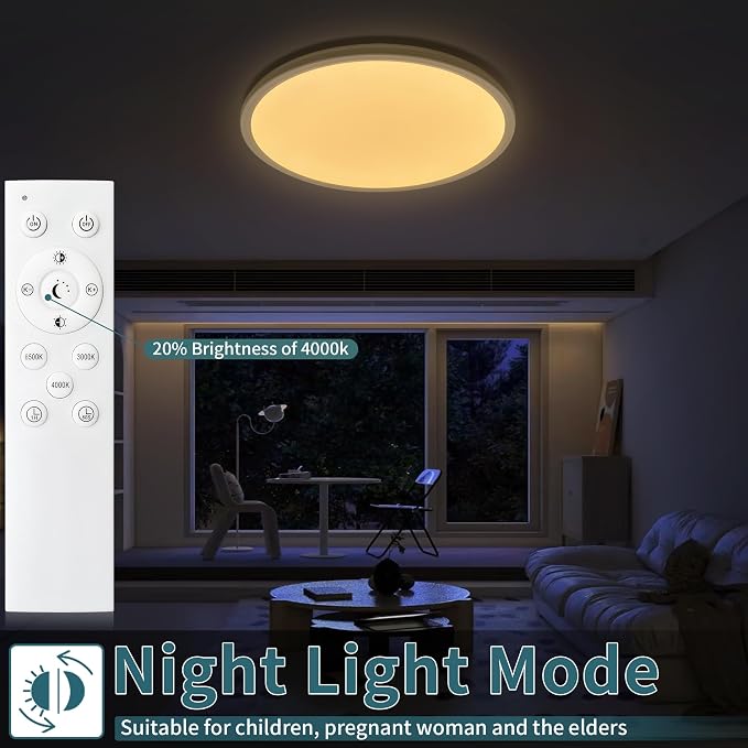 Modern Led Ceiling Light Fixtures Dimmable with Remote Control, 15.4 Inch Ultra Thin Flush Mount with Night Light, 36 W, 4500 LM, for Bedroom, Kitchen, Dining Room, Living Room