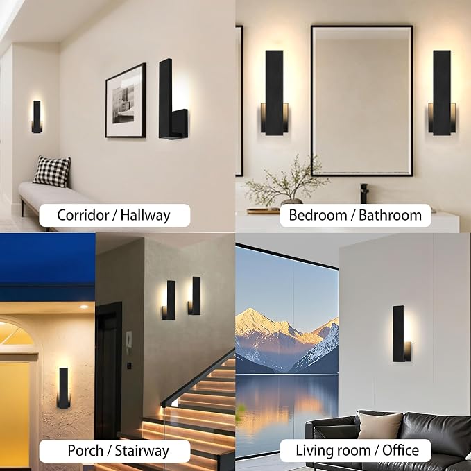 Aluminum LED Modern Wall Sconces Set of 2, 18W Black Wall Light | WaterproofWall Lighting Indoor Outdoor Hardwired Wall Lights for Office,Porch, Bedroom, Bathroom, Living Room,Garden