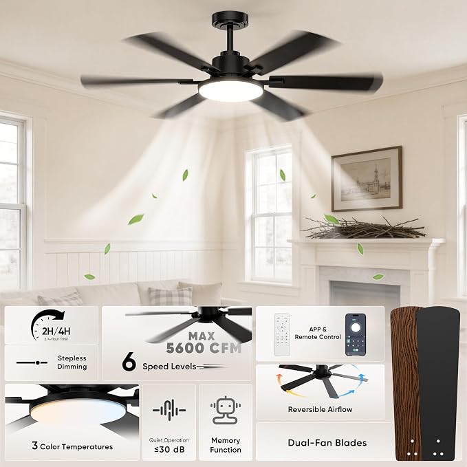 52'' Ceiling Fans with Lights and Remote Control for Living Room | 6 Blades, 6 Speeds, MAX 5600 CFM, Remote&APP Control, 3CCT Dimmable LED, All Metal Body, Memory Function, Reversible DC Motor