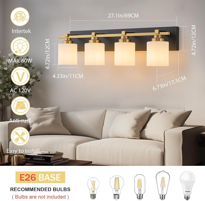 Modern Bathroom Light Fixtures Over Mirror, Vanity Lights for Bathroom Wall Sconces with Milky White Glass Shades, E26 Socket (Bulbs Not Included), 4 Light, Black Gold